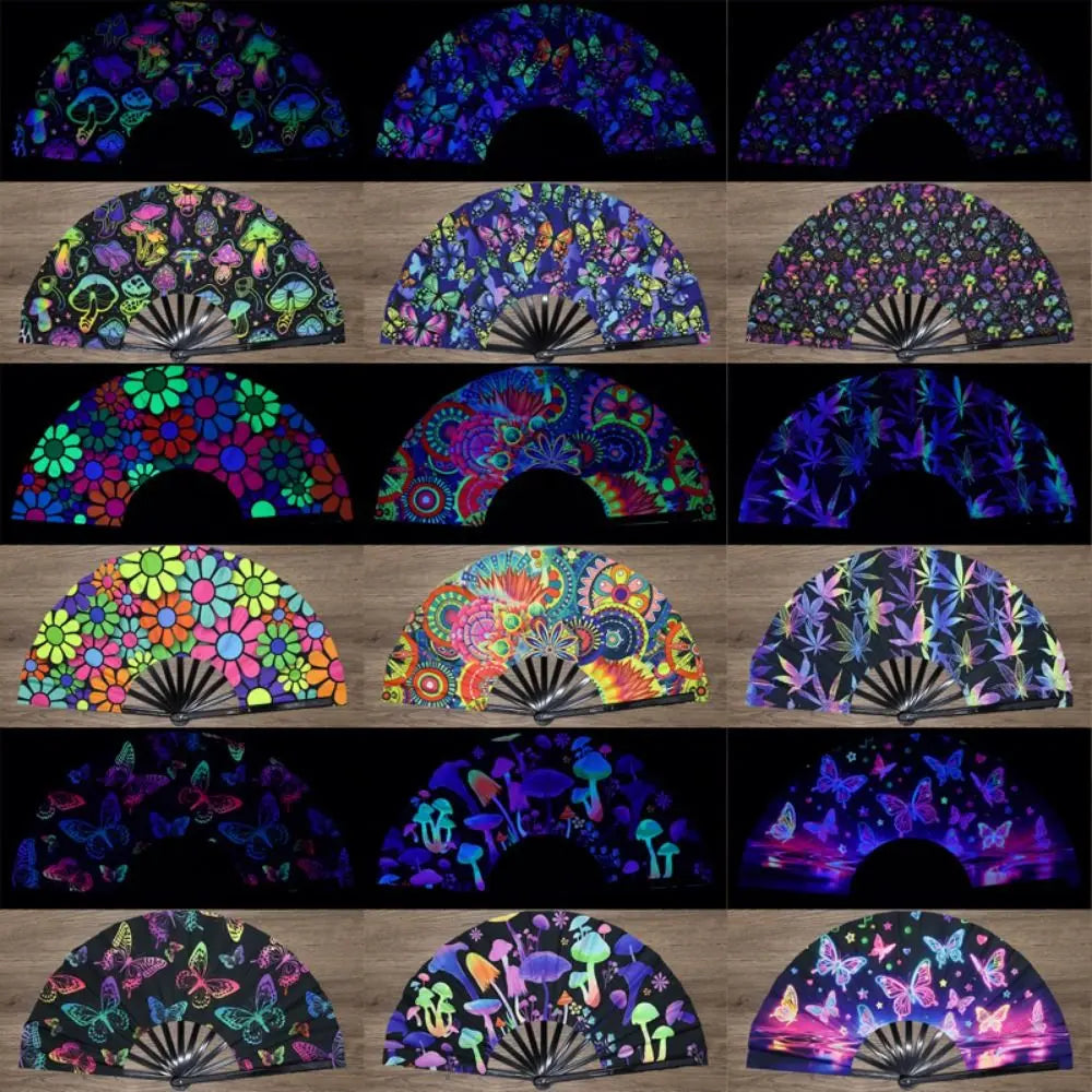 A collection of fluorescent and UV glow folding rave hand fans in various patterns and colors.