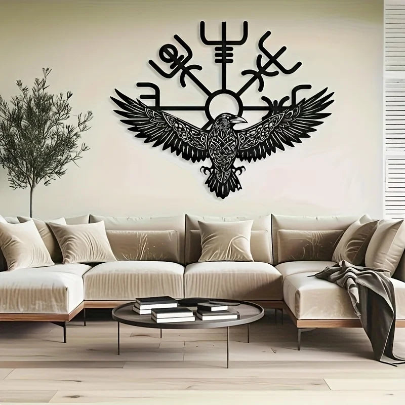 Viking Raven Metal Wall Art with Celtic Compass Symbol