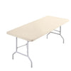 A rectangular table covered with a beige stretch elastic tablecloth.