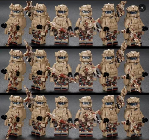 A collection of Veyron Special Forces building block miniatures depicting Delta Squad soldiers in various poses.