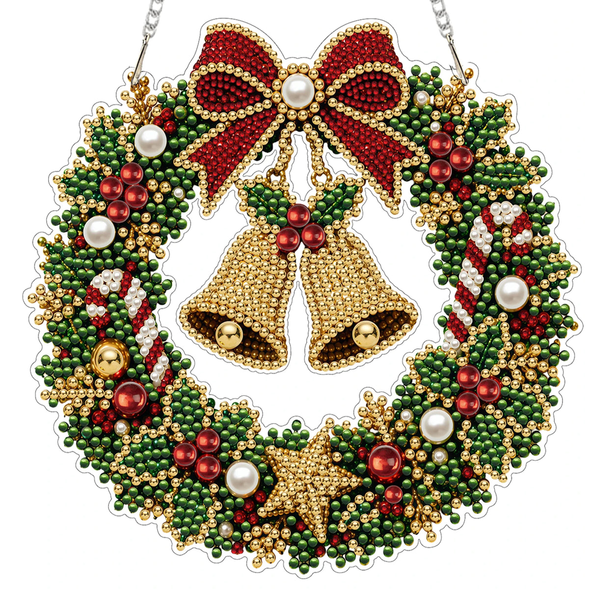 An LED-illuminated diamond painting wreath kit featuring a gold bell bow surrounded by green foliage, red berries, and white 