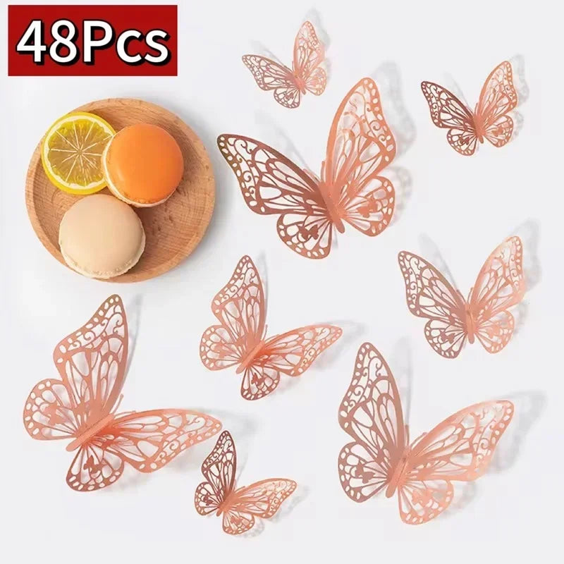 48 pieces of decorative 3D butterfly wall stickers in a natural orange-pink color