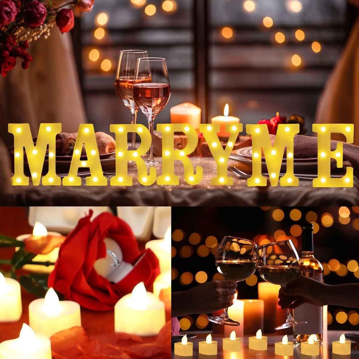 Marry Me LED-Lichter buchstabieren eine Nachricht, umgeben von Rosenblättern und Kerzen.