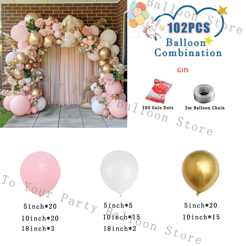 A balloon garland arch display featuring pink and white balloons in a natural setting.