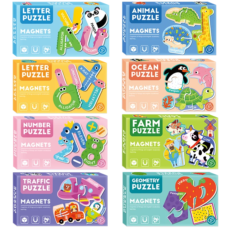 A set of magnetic letter, number, and animal puzzles for children featuring various shapes and animals.