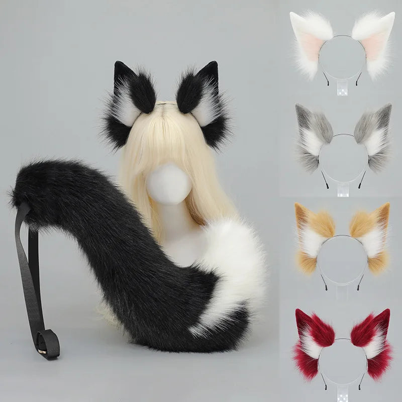 A faux fur fox tail and ear costume set featuring black and white fur accents.