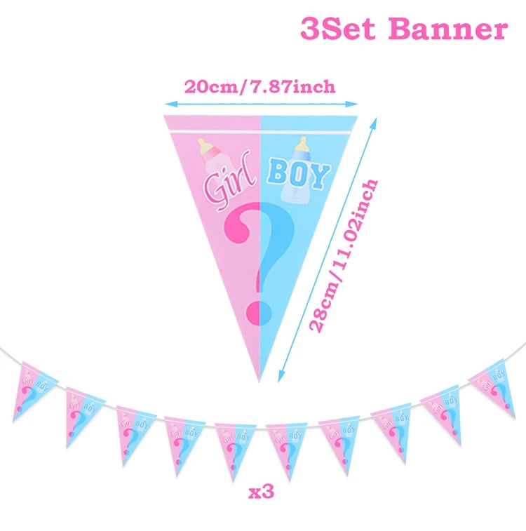 A triangular banner design featuring a girl and boy theme for a gender reveal party.
