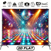 Vibrant disco dance floor backdrop banner featuring a reflective grid of colorful lights and sparkling spheres for parties
