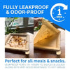 A stack of disposable kraft paper plates being shown next to a glass, emphasizing their leakproof and odor-proof features.