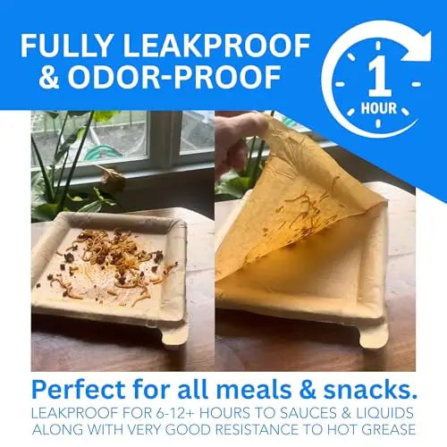A stack of disposable kraft paper plates being shown next to a glass, emphasizing their leakproof and odor-proof features.