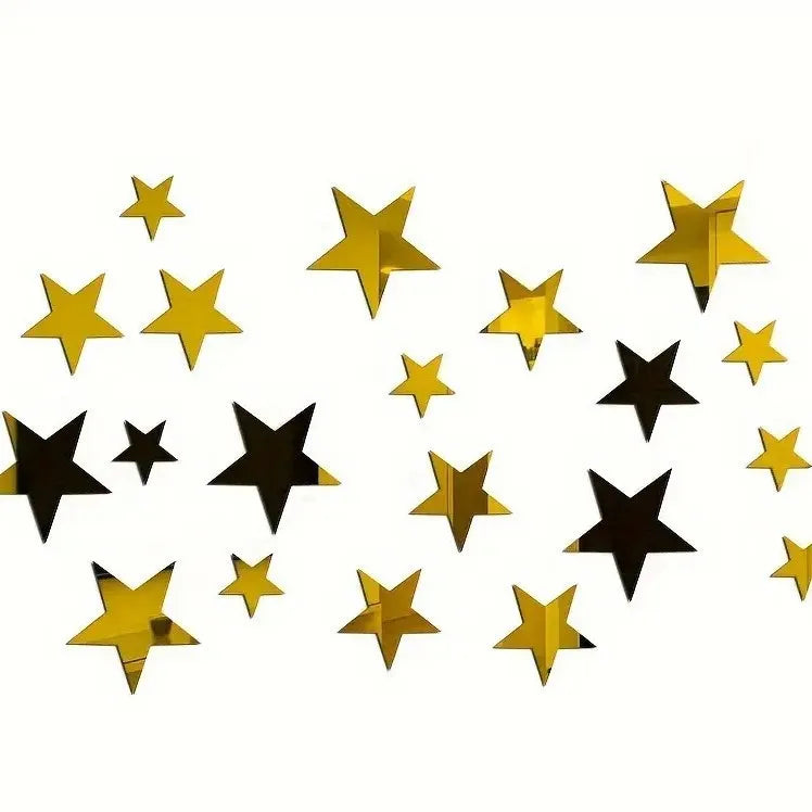 A set of gold and black star-shaped 3D acrylic mirror wall decor pieces.