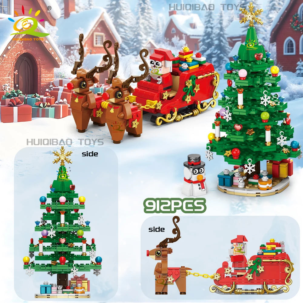 Building blocks set featuring Santa, Christmas tree, and train models in red and green colors