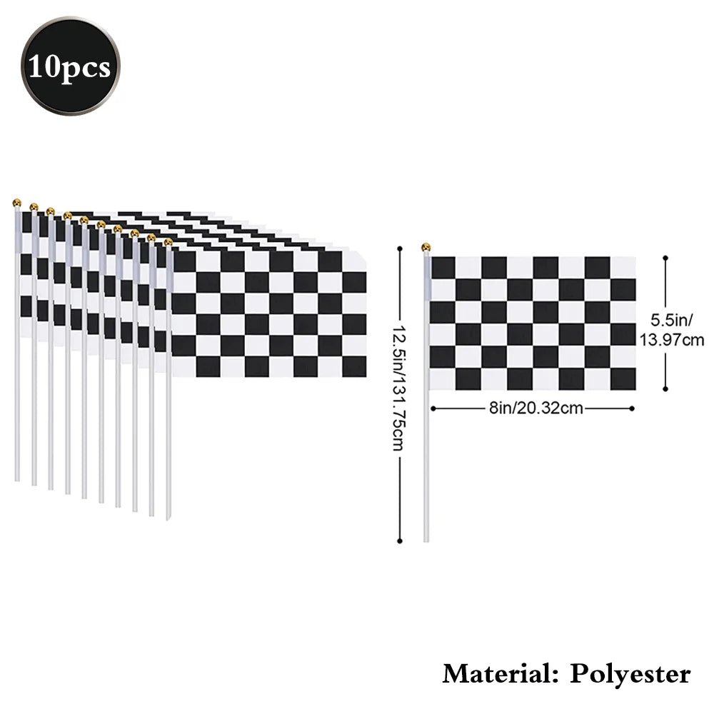 A set of 10 checkered flag style flags on sticks for race car traffic light decoration made of polyester