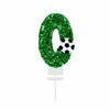 Green glitter wreath shaped like the number zero with a soccer ball detail for a birthday candle