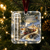 Clear acrylic ornament featuring a vintage bottle design and a festive holiday scene on a green Christmas tree.