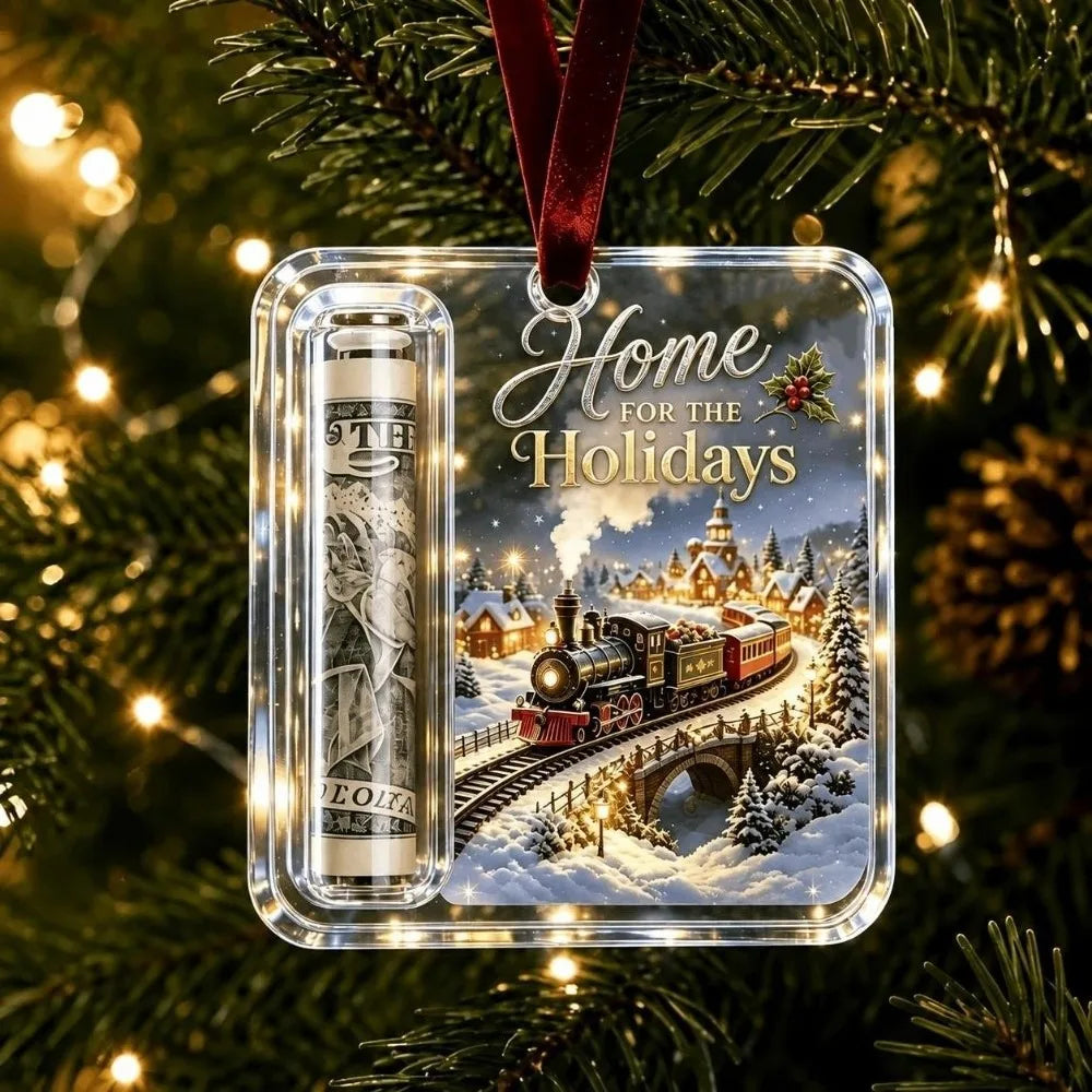 Clear acrylic ornament featuring a vintage bottle design and a festive holiday scene on a green Christmas tree.