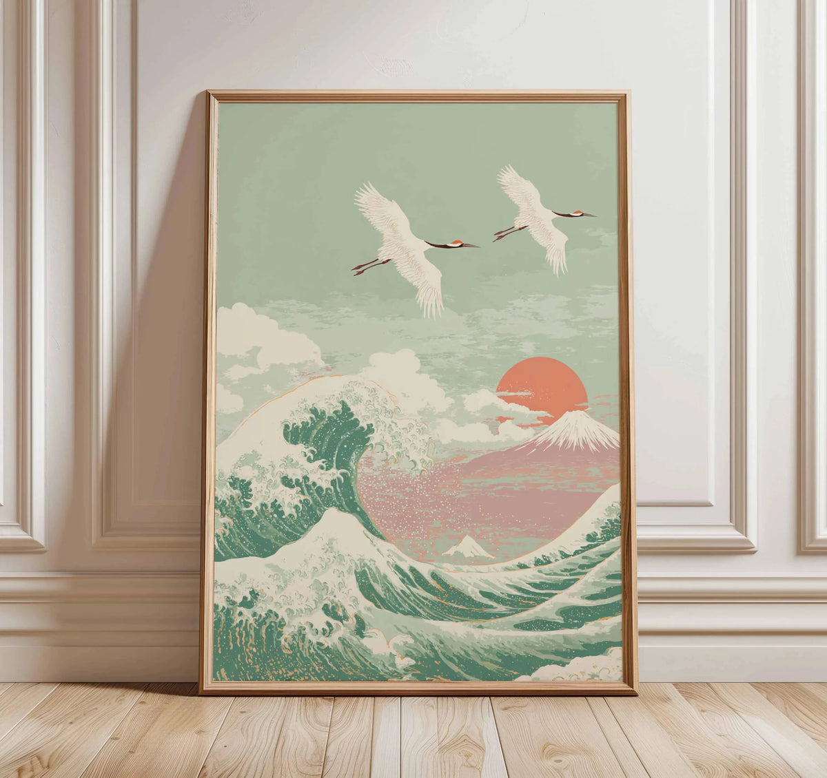 A framed canvas print depicting a large white crane in flight over a pink sunset and a mountain landscape.