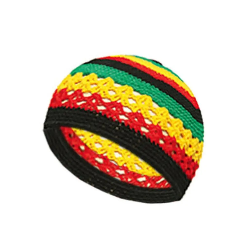 A handmade crochet beanie hat with horizontal stripes of red, yellow, green, and black yarn.