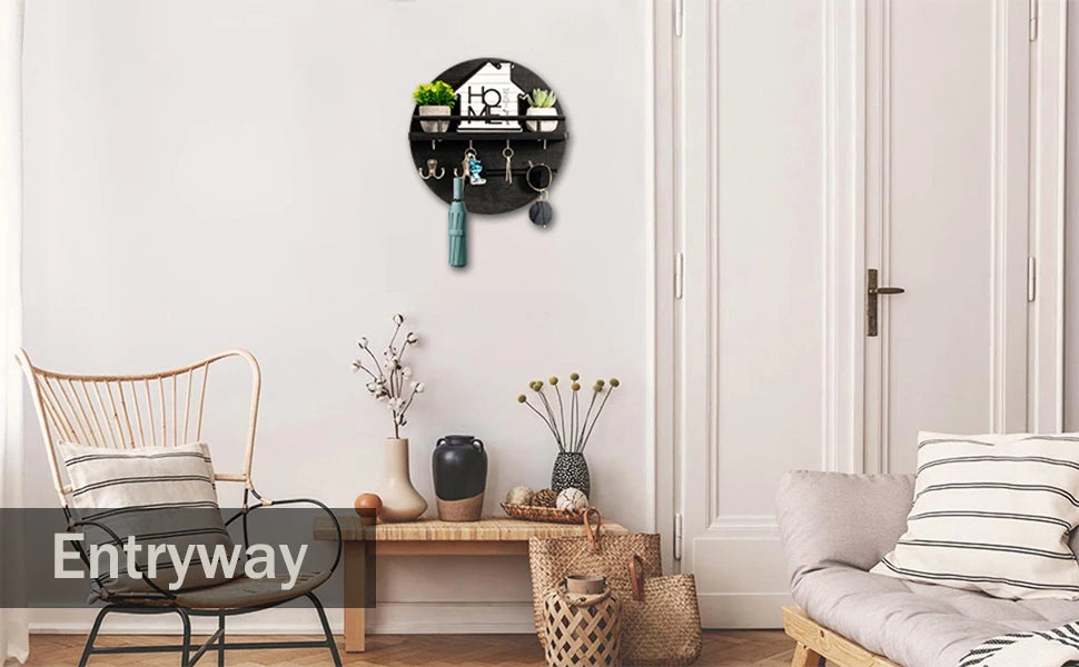 A circular wooden wall key holder with a shelf mounted on a white wall.