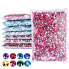 A collection of round flatback resin rhinestones in various colors and shades, packaged for crafts and decor.