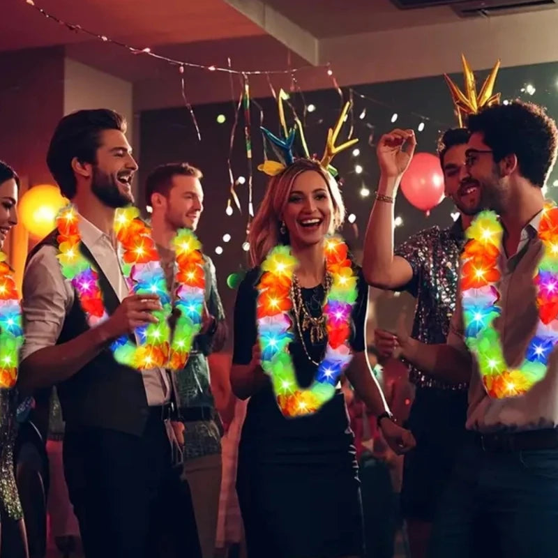 A group of people celebrating with glow-in-the-dark LED Hawaiian lei necklaces at a party.