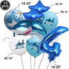 A set of blue shark foil balloons in various sizes including 18 inch, 22 inch, and a 32 inch number balloon for an ocean-them