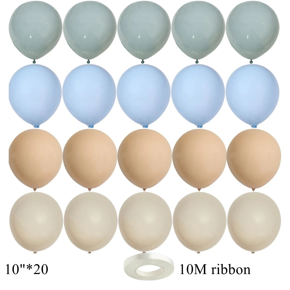A set of twenty light blue latex balloons and a roll of 10M ribbon.