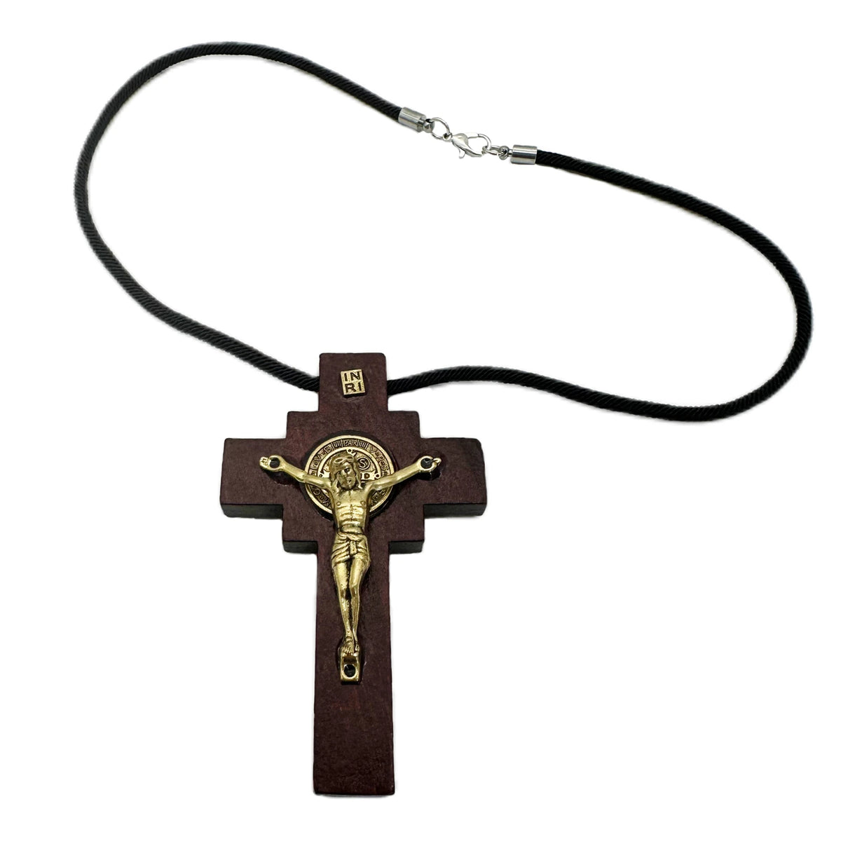 Wooden St. Benedict crucifix rosary with a rearview mirror hanger on a black cord