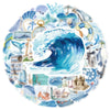 Watercolor illustration of an ocean scene featuring waves, sea creatures, and nautical elements for stickers.