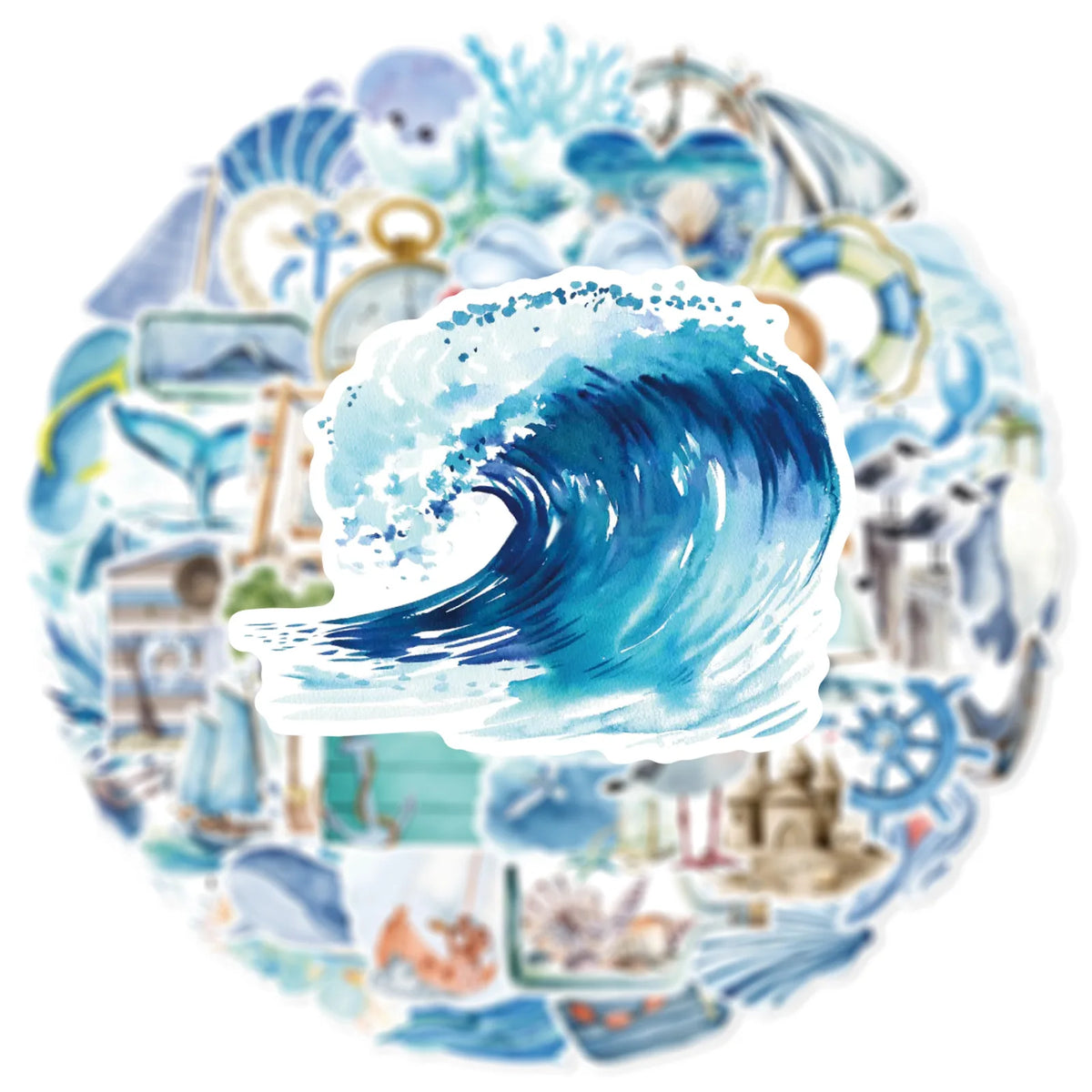 Watercolor illustration of an ocean scene featuring waves, sea creatures, and nautical elements for stickers.