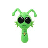 A bright green collectible plush toy shaped like a cartoon monster with large eyes and antennae.