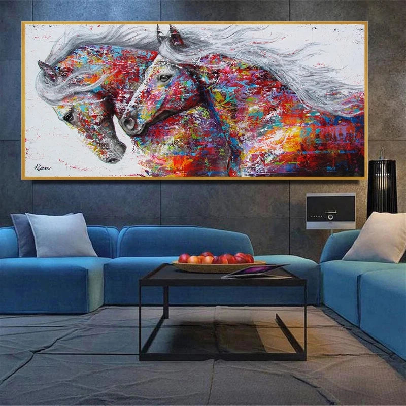 Modern canvas wall art print featuring a vibrant, impressionistic painting of a galloping horse in shades of red, yellow, and