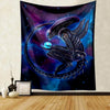 A dark purple and blue tapestry featuring a stylized alien predator with sharp claws against a starry background.