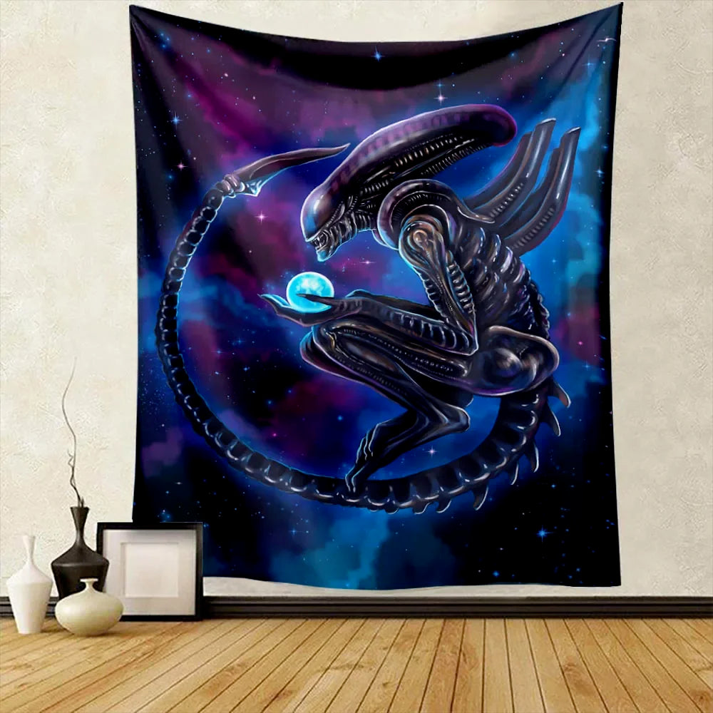 A dark purple and blue tapestry featuring a stylized alien predator with sharp claws against a starry background.