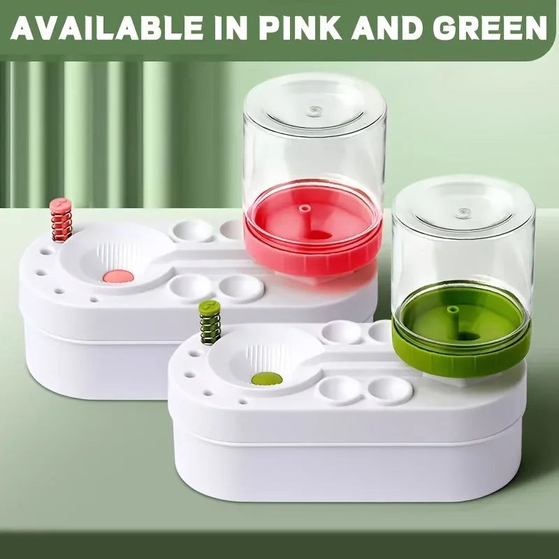 Self-cleaning watercolor brush rinser available in pink and green colors.