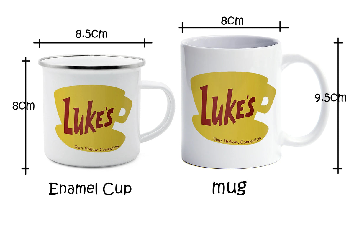 A white enamel cup and a white ceramic mug both featuring a yellow silhouette of a coffee cup with the text Luke's