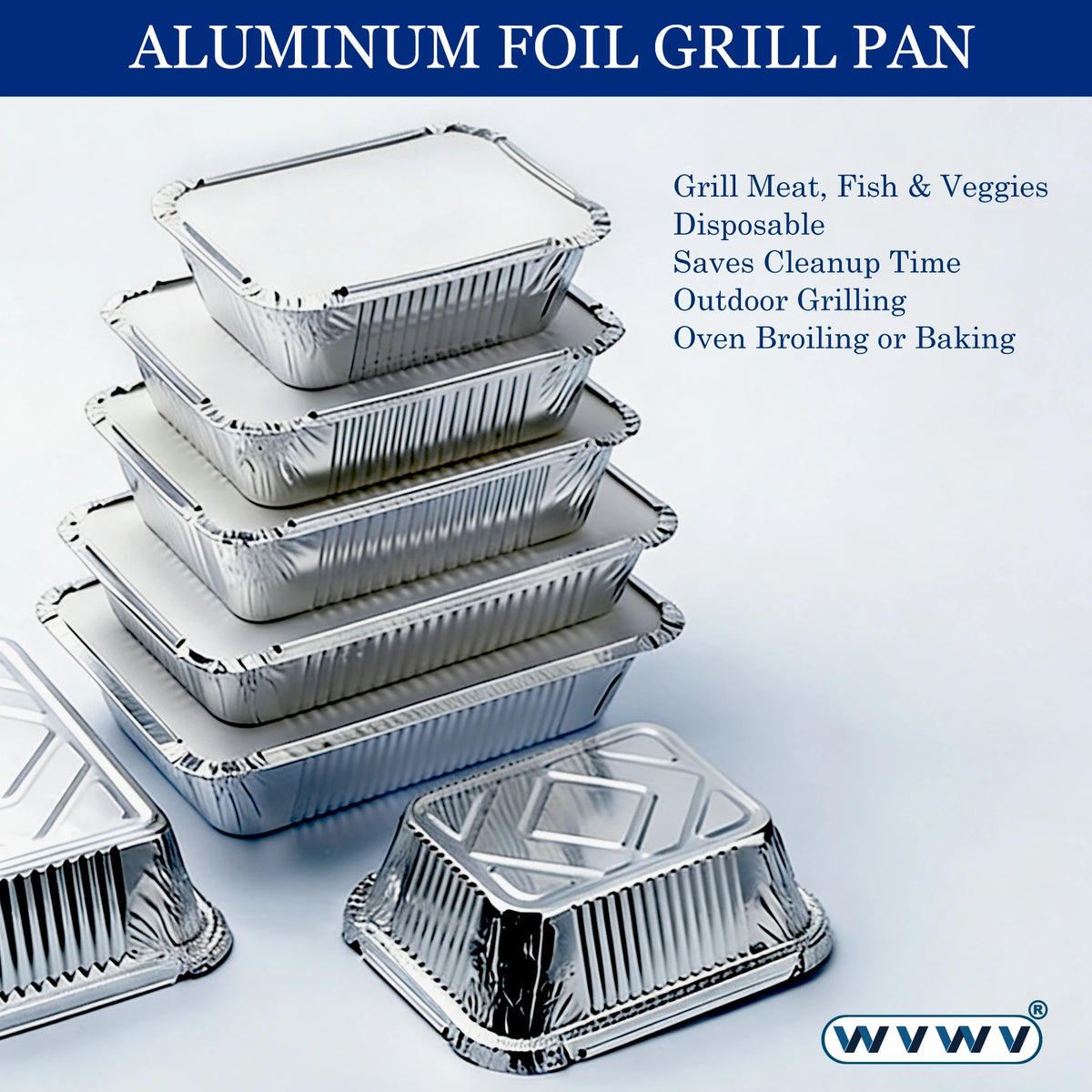 A stack of disposable aluminum foil grill pans with lids shown on a white background.