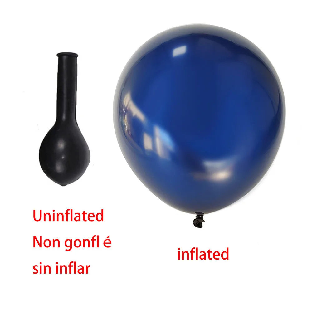 A comparison showing an uninflated black latex balloon and an inflated blue latex balloon.