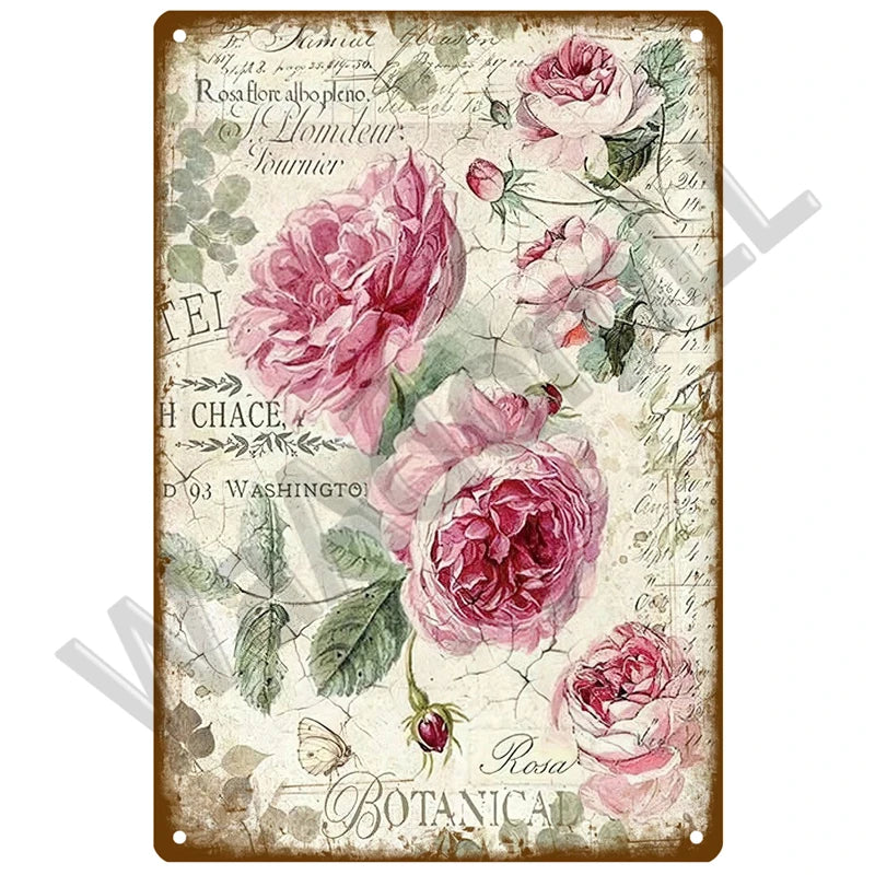 Vintage lavender sunflower metal sign featuring pressed flowers and botanical text
