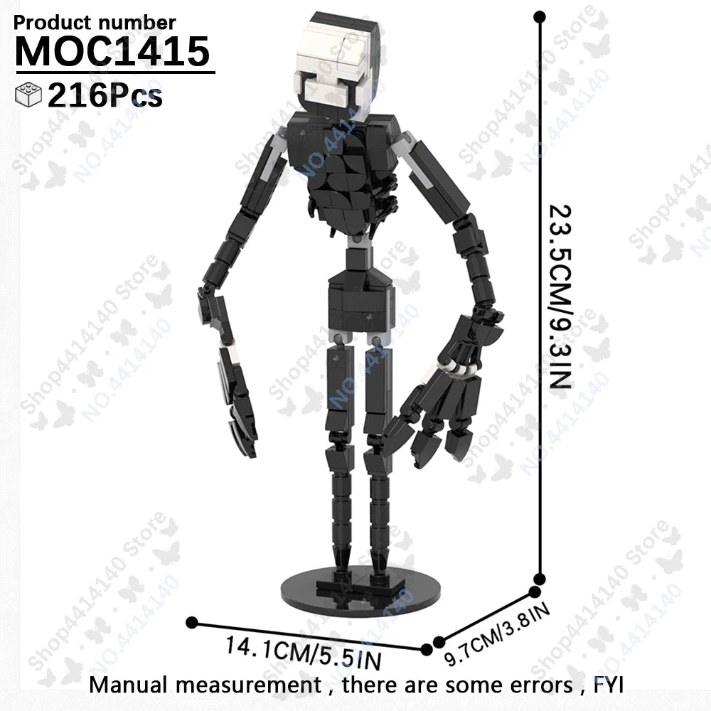 A black collectible DIY model of a character, product number MOC1415, shown standing on a base.