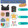 A pink bottle of liquid with various inspirational and motivational stickers displayed alongside text highlighting features l
