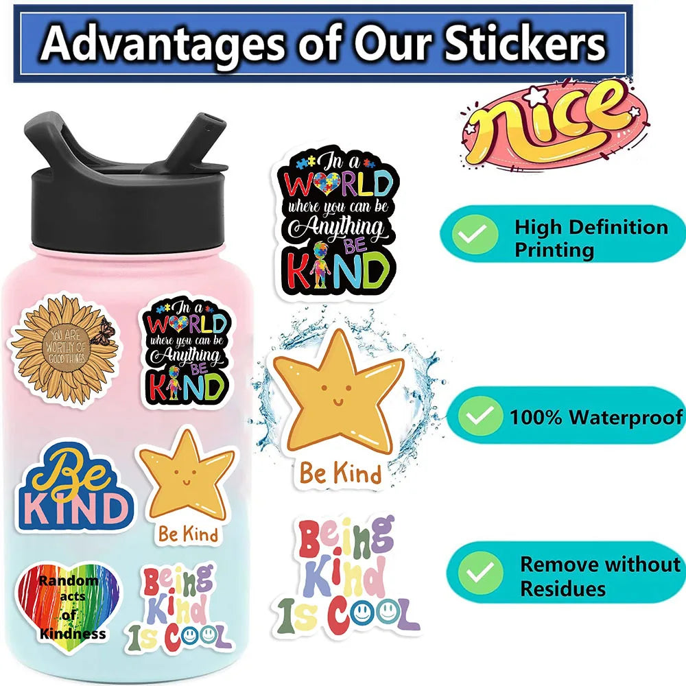 A pink bottle of liquid with various inspirational and motivational stickers displayed alongside text highlighting features l