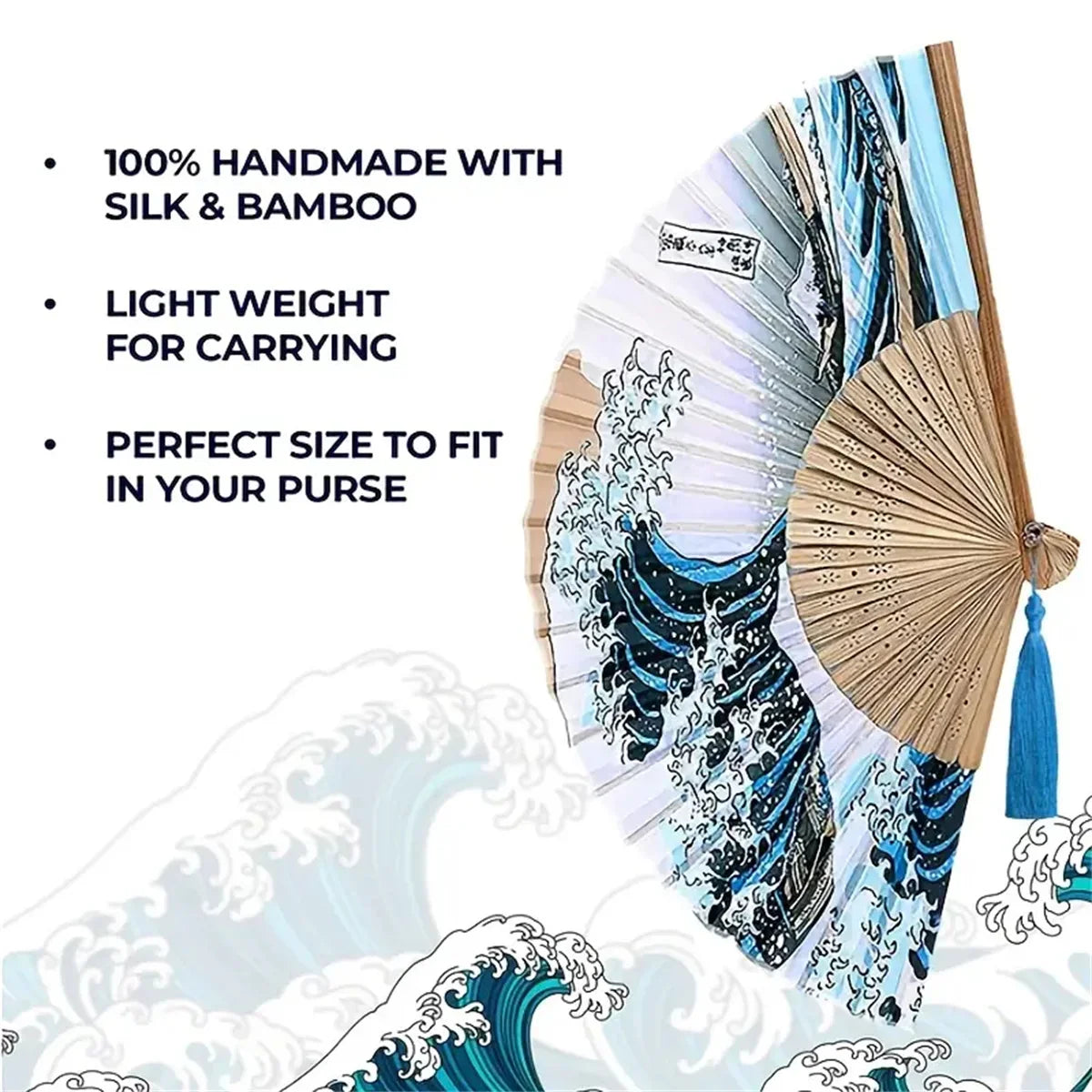 A Japanese foldable hand fan featuring a blue and white Kanagawa wave design, made from silk and bamboo.