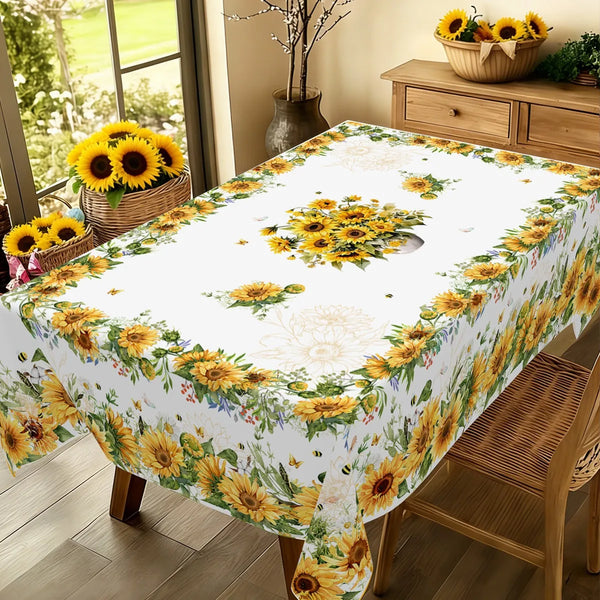 A yellow sunflower printed tablecloth displayed on a wooden table in a bright dining room setting.
