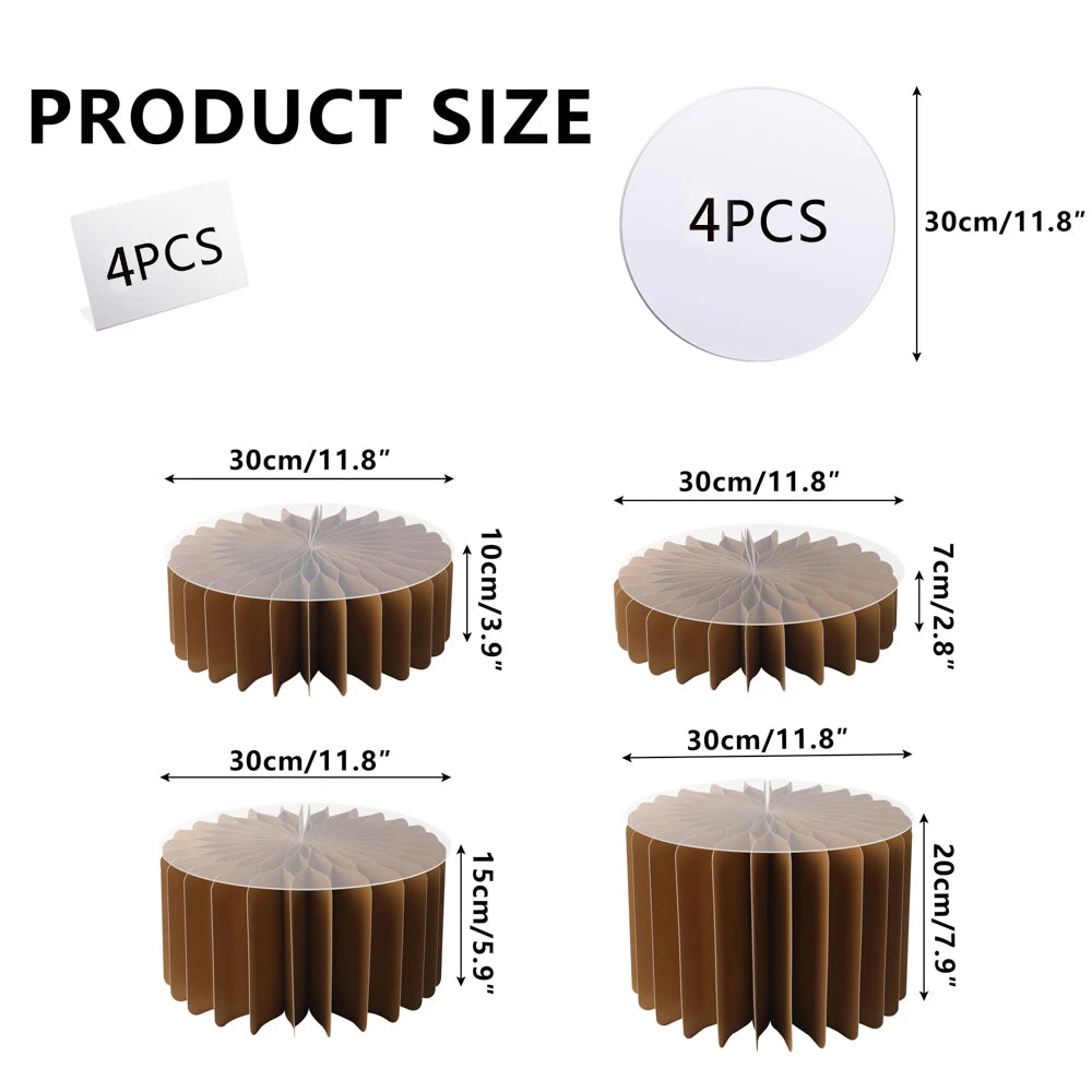 Ensemble de quatre supports alimentaires en acrylique marron de différentes hauteurs et tailles.