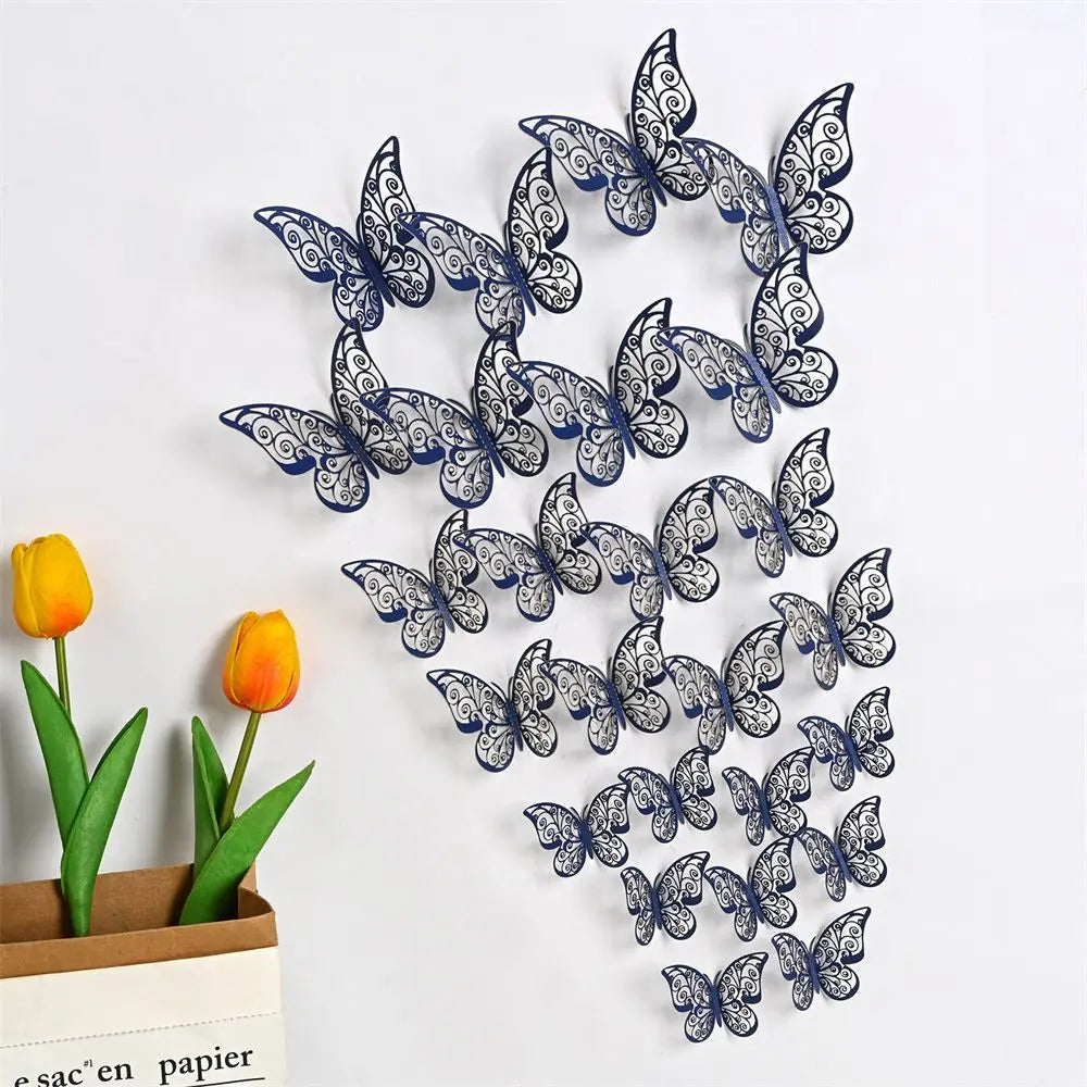 A set of blue and white 3D hollow butterfly wall decals arranged in a decorative pattern.
