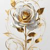 Guirnalda floral dorada y blanca con una gran rosa y hojas sobre un fondo gris claro