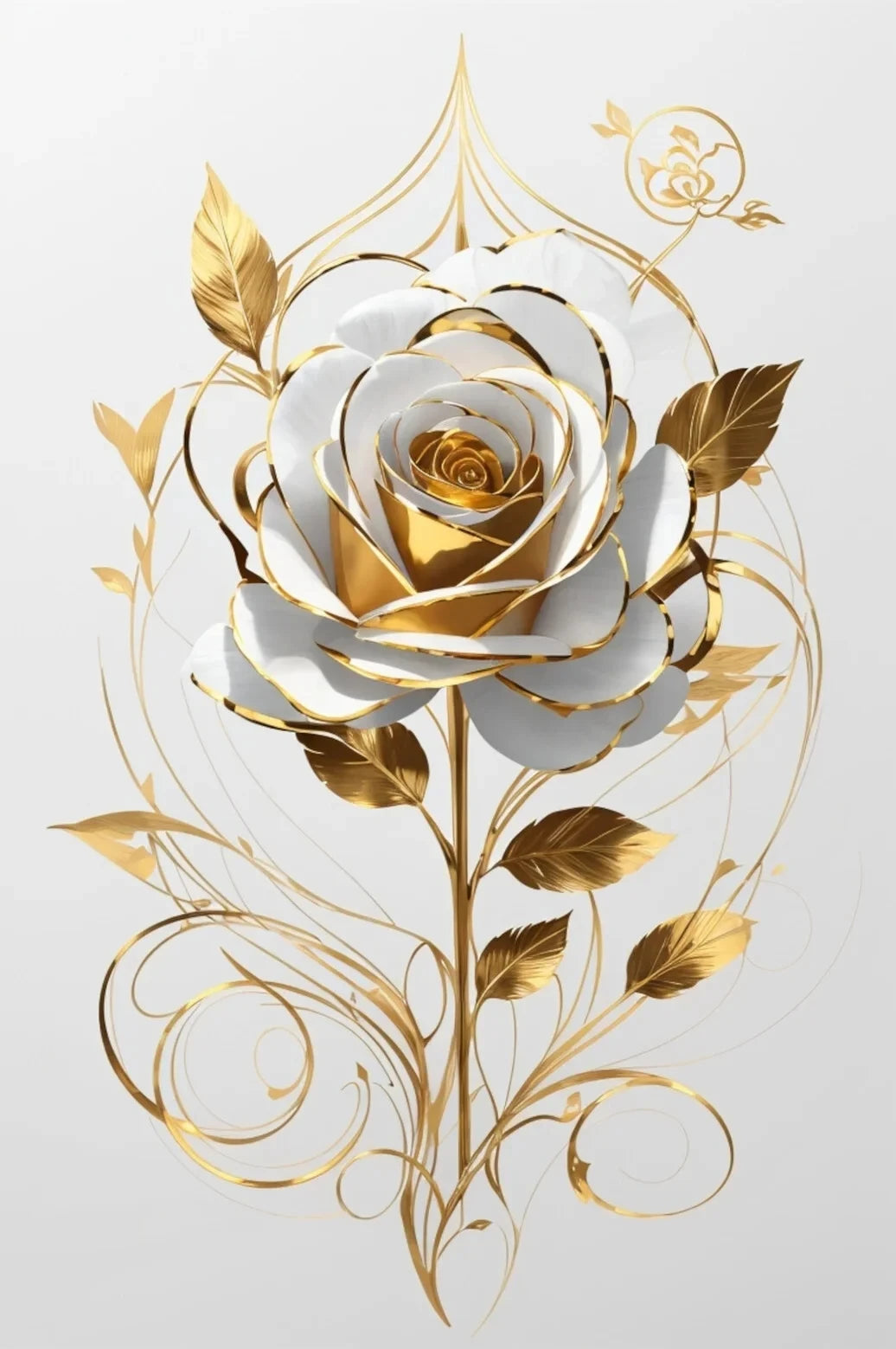 Guirnalda floral dorada y blanca con una gran rosa y hojas sobre un fondo gris claro