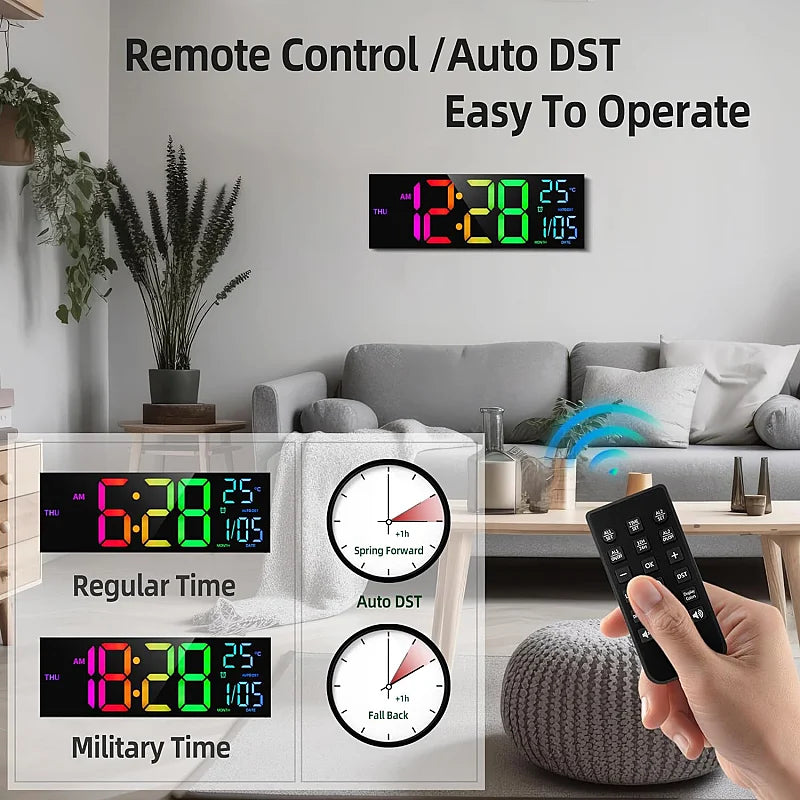 A large digital wall clock displays time, DST, and military time options with an accompanying remote control.