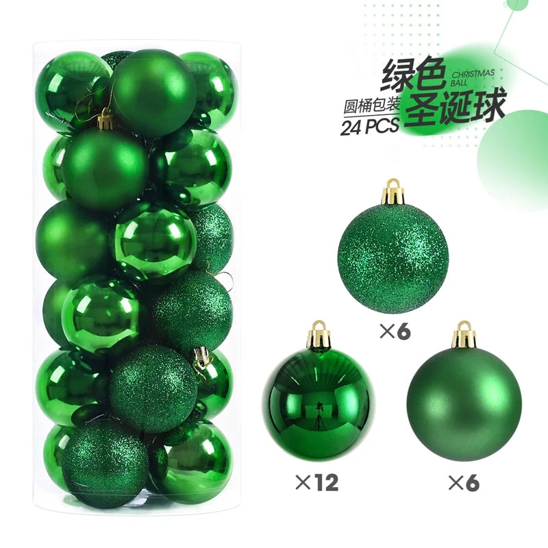 A package of 24 green Christmas ball ornaments for holiday decoration.